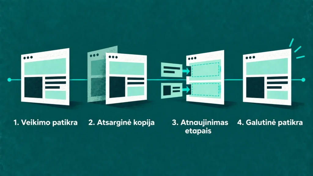 Keturi WordPress atnaujinimo etapai: veikimo patikra, atsarginė kopija, atnaujinimas ir galutinė patikra