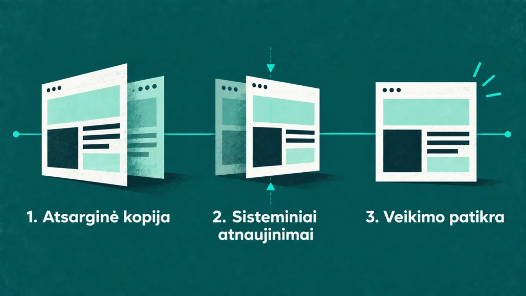 WordPress priežiūros seka: atsarginė kopija, sisteminiai atnaujinimai ir veikimo patikra